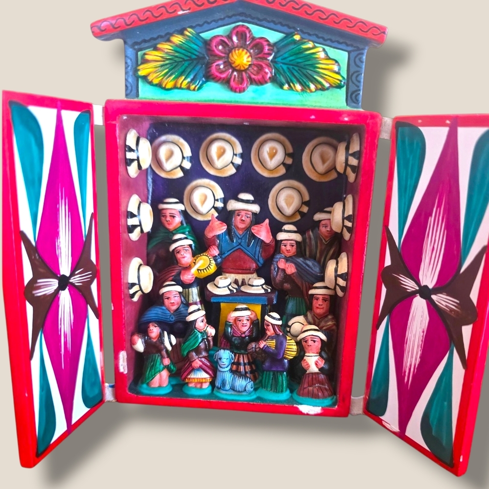 Hand-Painted Peruvian Retablo Shrine in Red and Teal